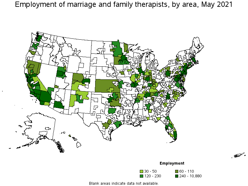 Map of employment of marriage and family therapists by area, May 2021