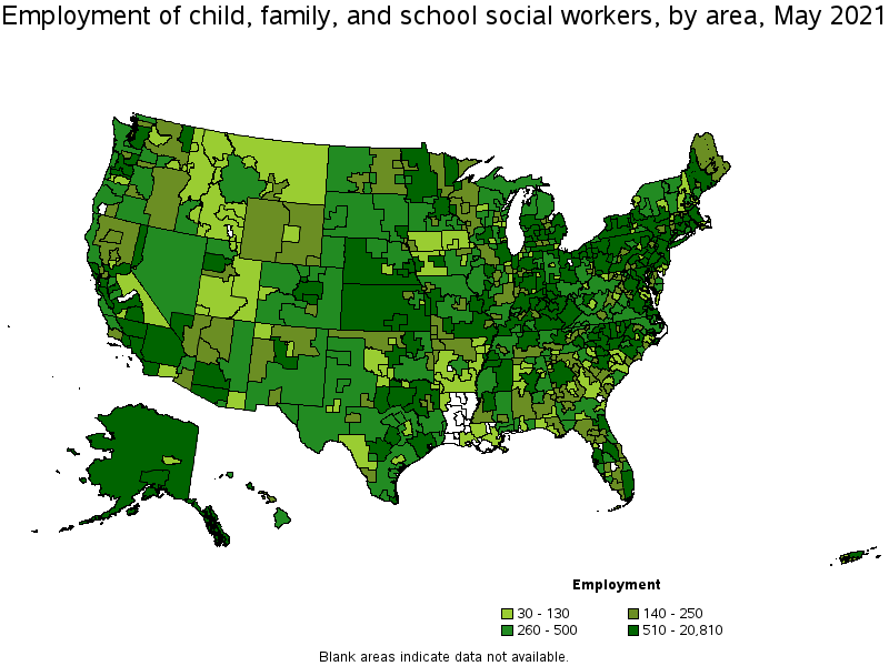 Map of employment of child, family, and school social workers by area, May 2021