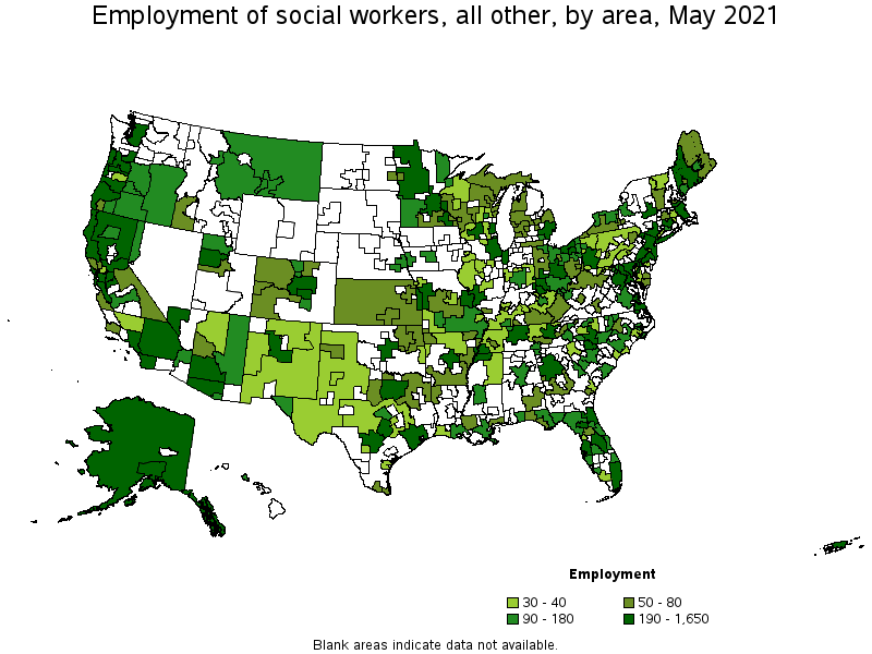 Map of employment of social workers, all other by area, May 2021