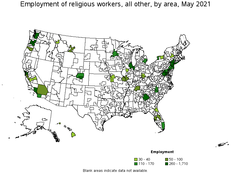 Map of employment of religious workers, all other by area, May 2021