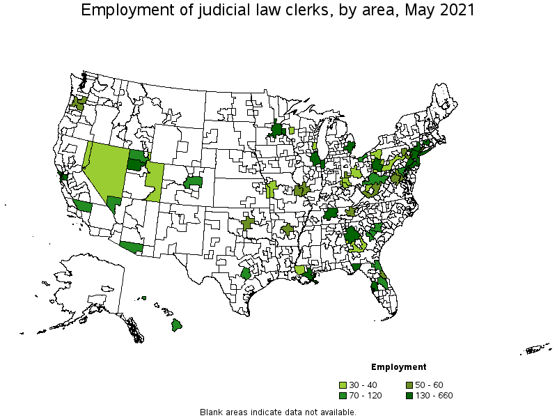 Map of employment of judicial law clerks by area, May 2021