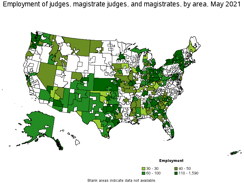 Map of employment of judges, magistrate judges, and magistrates by area, May 2021