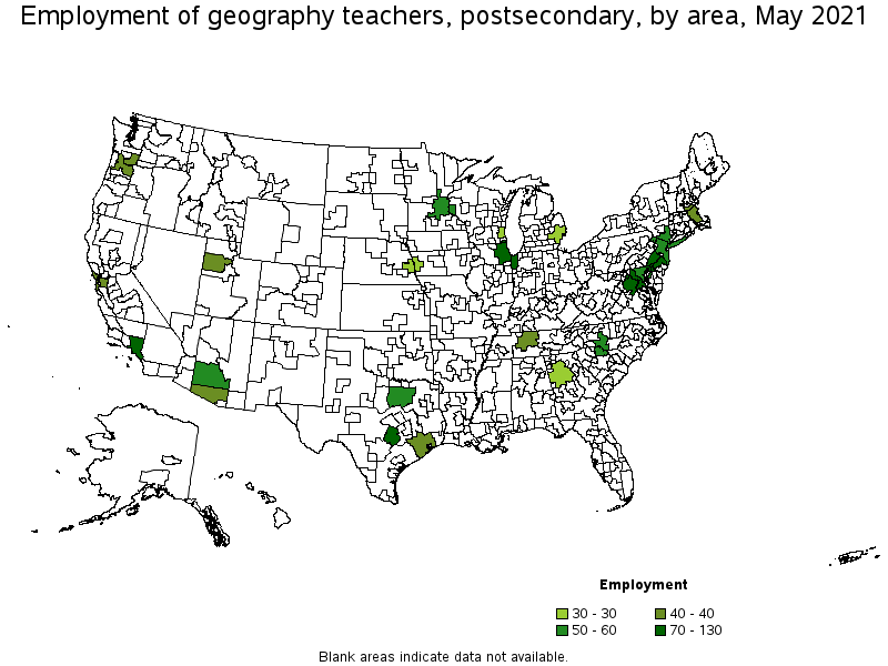 Map of employment of geography teachers, postsecondary by area, May 2021