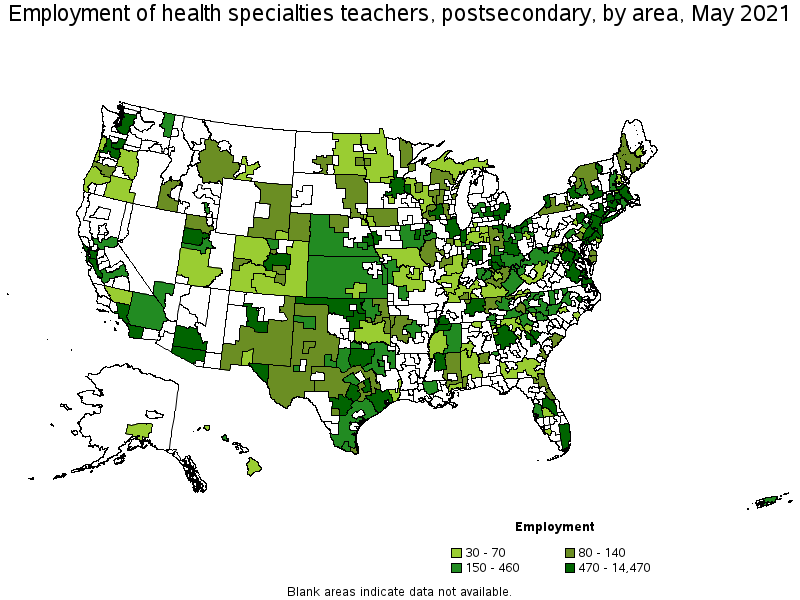 Map of employment of health specialties teachers, postsecondary by area, May 2021