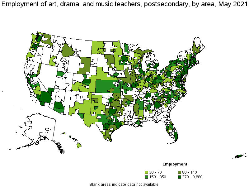 Map of employment of art, drama, and music teachers, postsecondary by area, May 2021