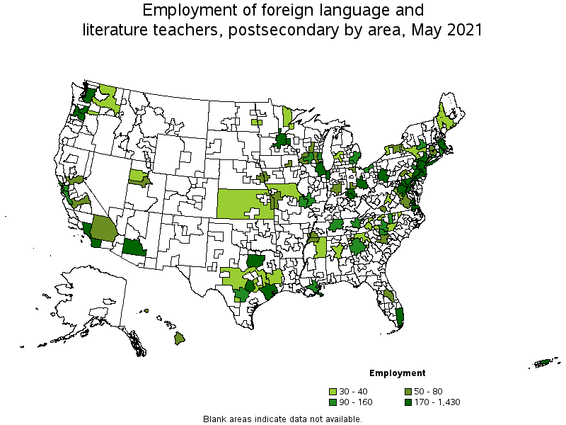 Map of employment of foreign language and literature teachers, postsecondary by area, May 2021