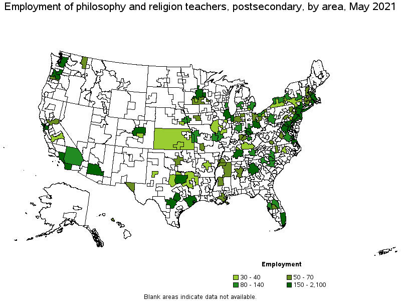 Map of employment of philosophy and religion teachers, postsecondary by area, May 2021