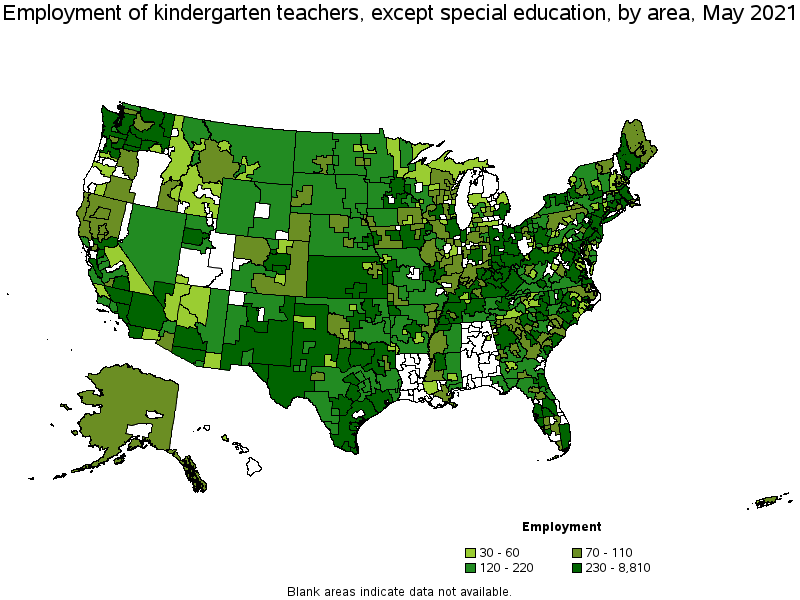 Map of employment of kindergarten teachers, except special education by area, May 2021