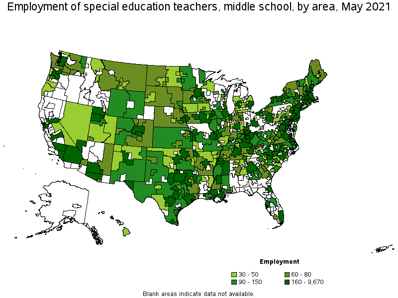 Map of employment of special education teachers, middle school by area, May 2021