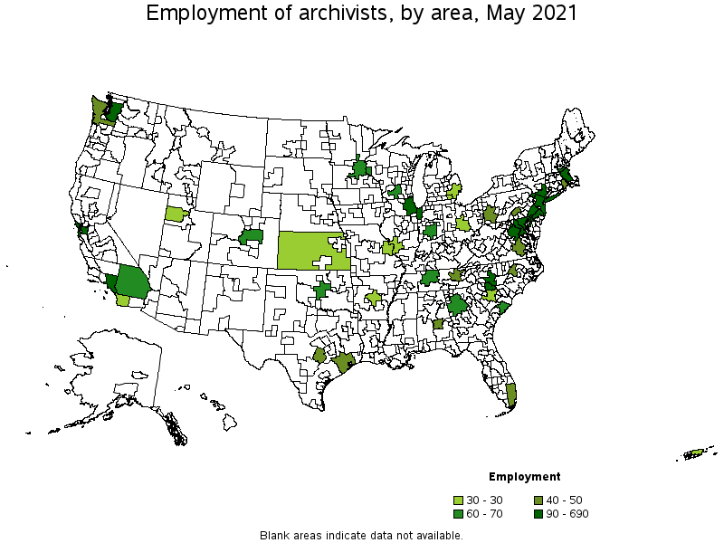 Map of employment of archivists by area, May 2021