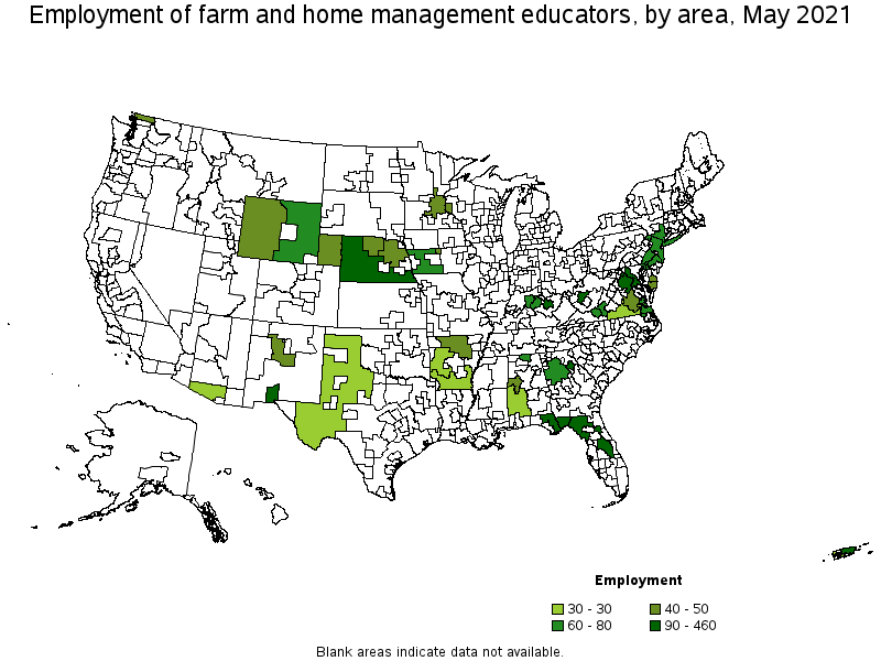 Map of employment of farm and home management educators by area, May 2021