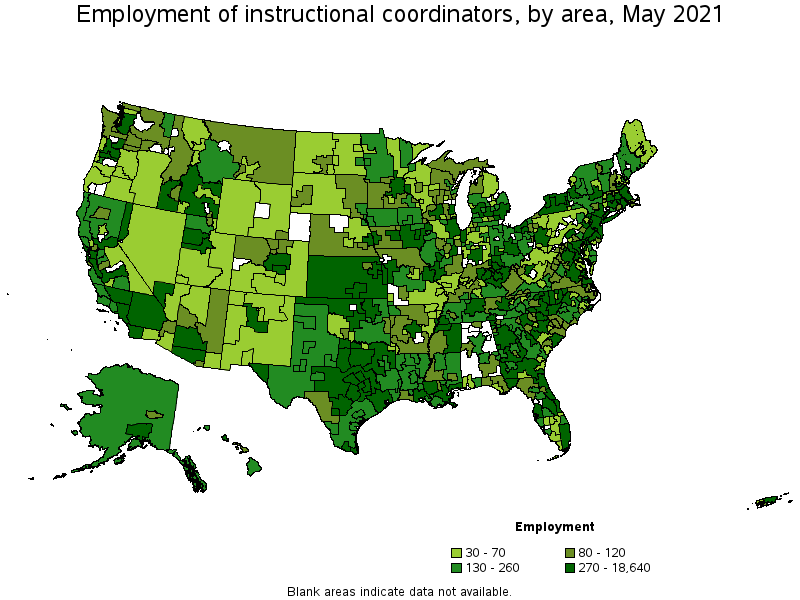 Map of employment of instructional coordinators by area, May 2021