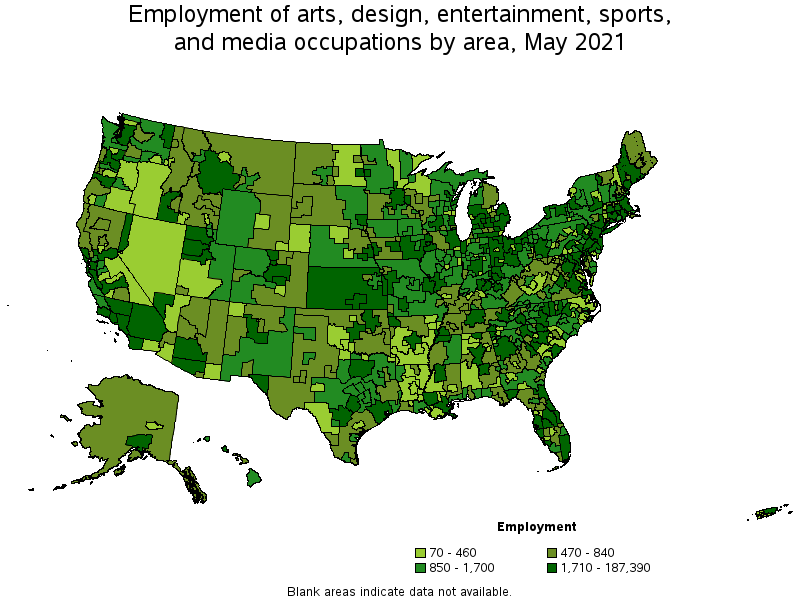 Map of employment of arts, design, entertainment, sports, and media occupations by area, May 2021
