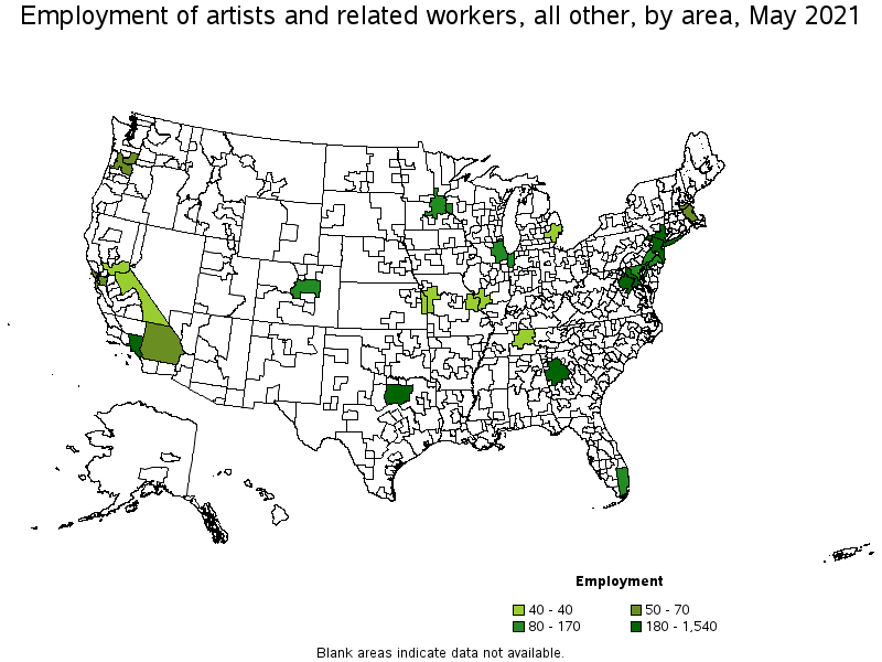 Map of employment of artists and related workers, all other by area, May 2021