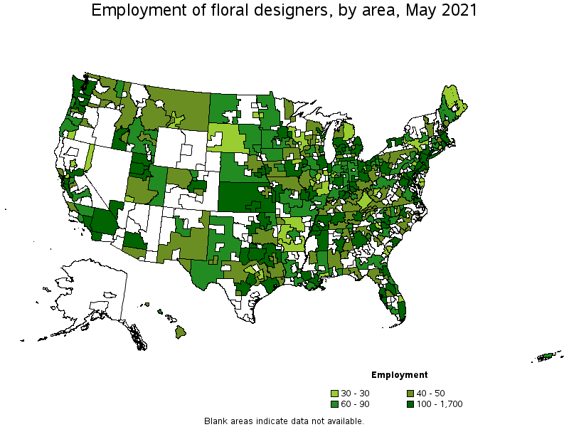 Map of employment of floral designers by area, May 2021