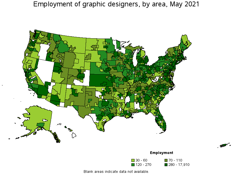 Map of employment of graphic designers by area, May 2021