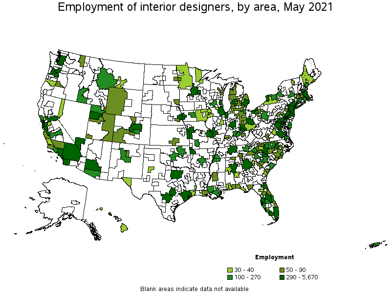 Map of employment of interior designers by area, May 2021