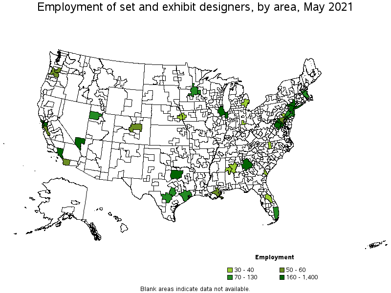 Map of employment of set and exhibit designers by area, May 2021