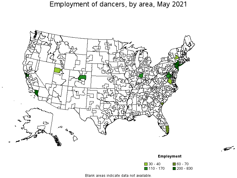 Map of employment of dancers by area, May 2021