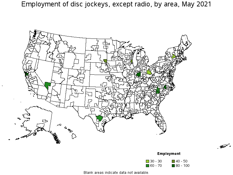 Map of employment of disc jockeys, except radio by area, May 2021