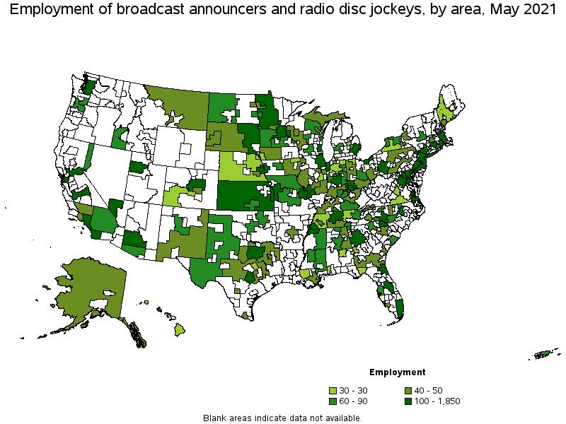 Map of employment of broadcast announcers and radio disc jockeys by area, May 2021