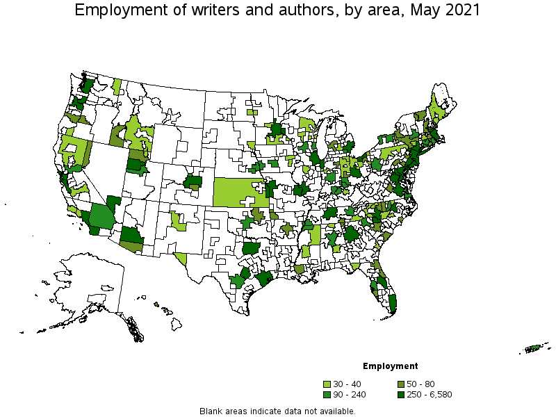 Map of employment of writers and authors by area, May 2021