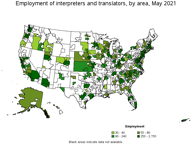 Map of employment of interpreters and translators by area, May 2021