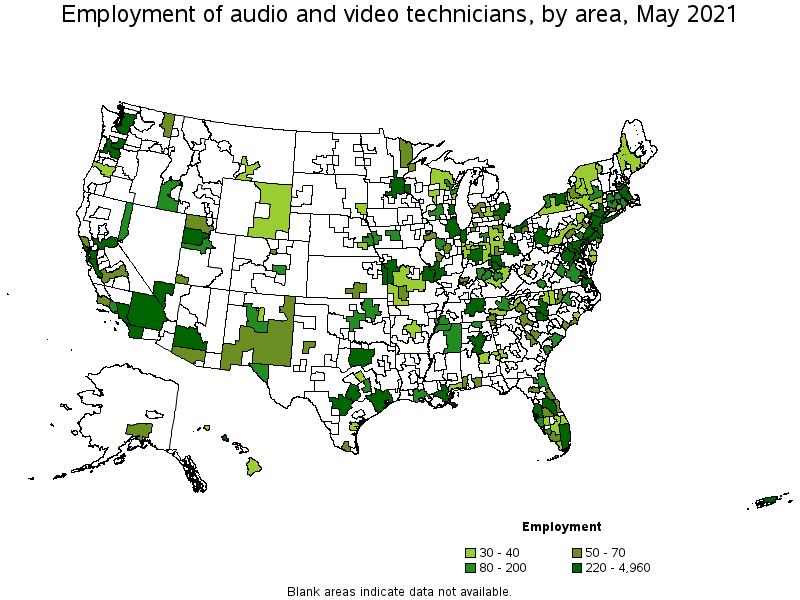 Map of employment of audio and video technicians by area, May 2021