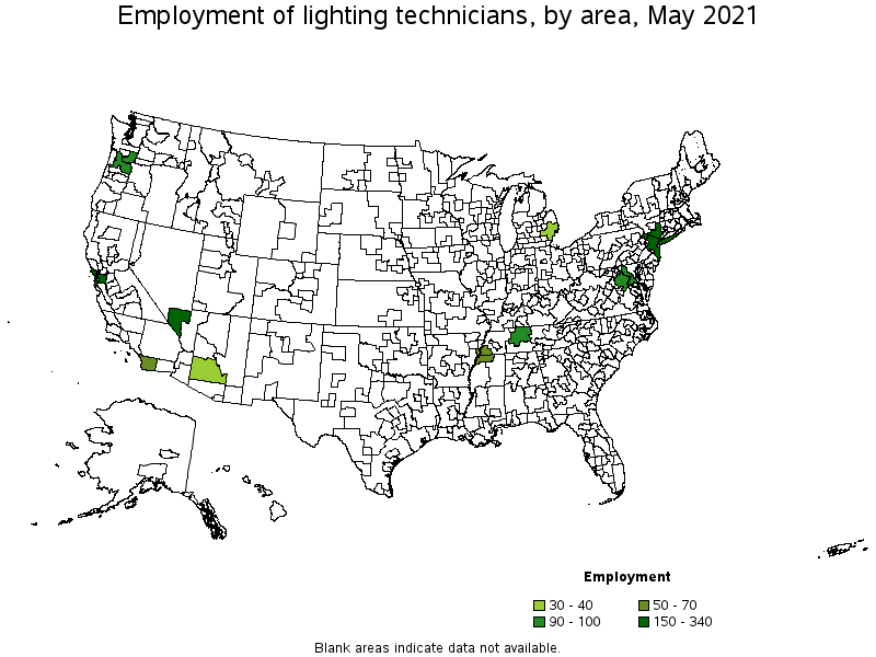 Map of employment of lighting technicians by area, May 2021