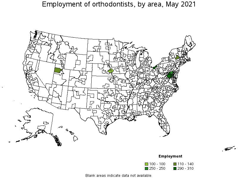 Map of employment of orthodontists by area, May 2021