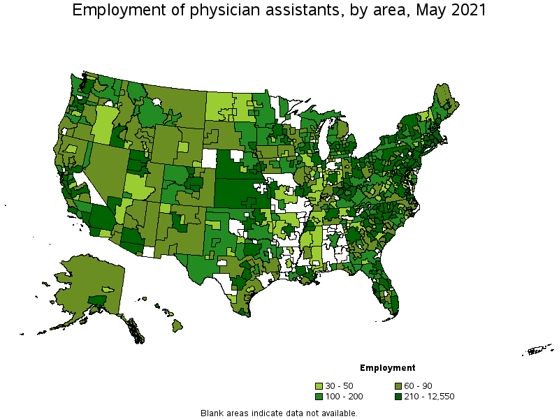 Map of employment of physician assistants by area, May 2021