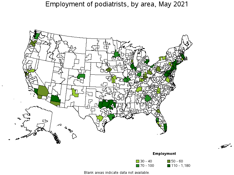 Map of employment of podiatrists by area, May 2021