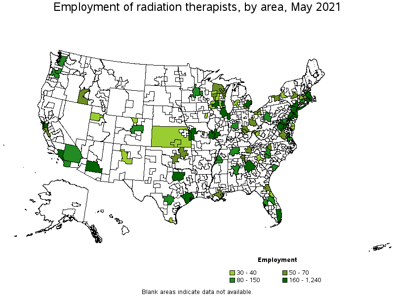 Map of employment of radiation therapists by area, May 2021