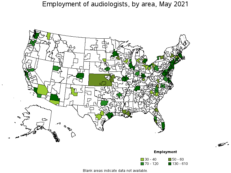 Map of employment of audiologists by area, May 2021