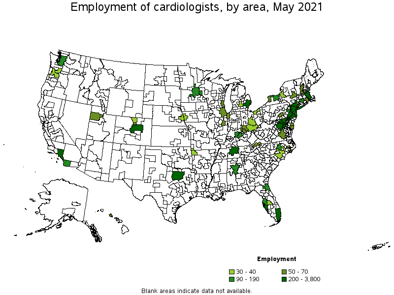 Map of employment of cardiologists by area, May 2021
