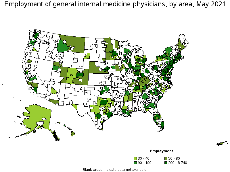 Map of employment of general internal medicine physicians by area, May 2021