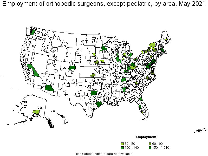 Map of employment of orthopedic surgeons, except pediatric by area, May 2021