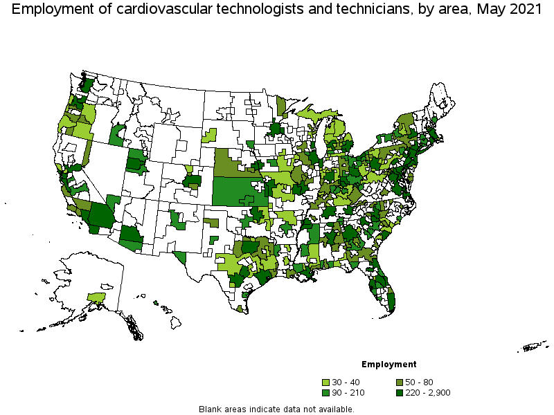 Map of employment of cardiovascular technologists and technicians by area, May 2021