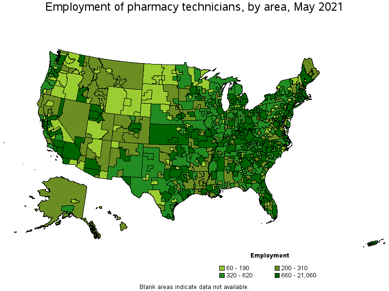 Map of employment of pharmacy technicians by area, May 2021