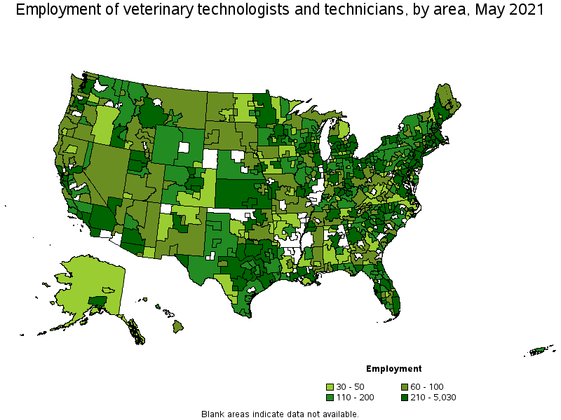 Map of employment of veterinary technologists and technicians by area, May 2021