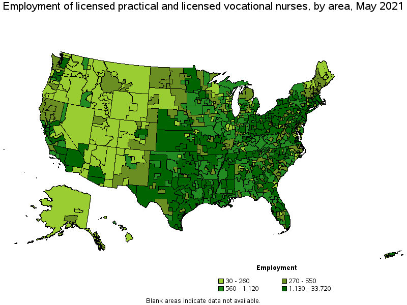 Map of employment of licensed practical and licensed vocational nurses by area, May 2021