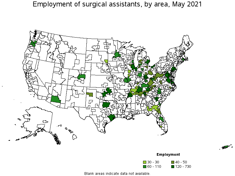 Map of employment of surgical assistants by area, May 2021