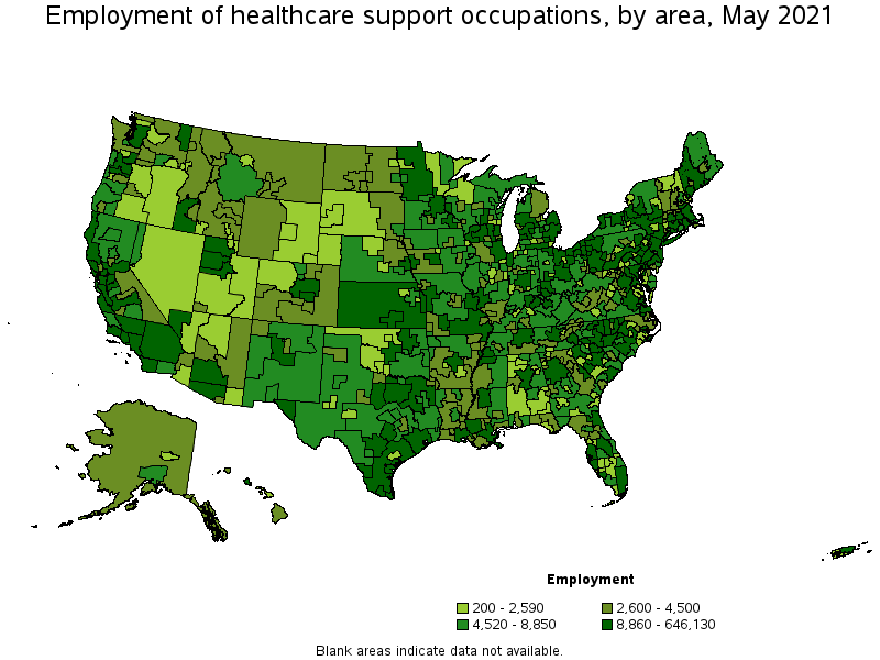 Map of employment of healthcare support occupations by area, May 2021