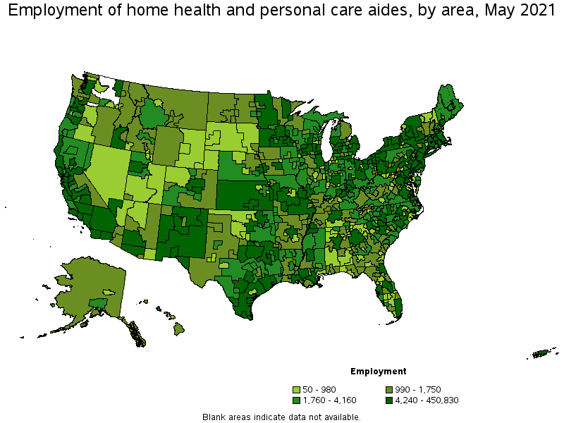 Map of employment of home health and personal care aides by area, May 2021