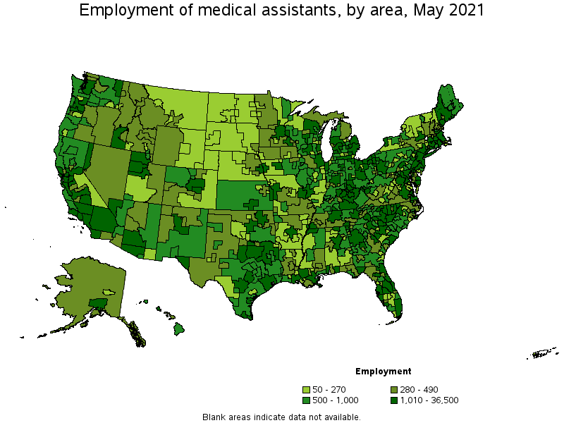 Map of employment of medical assistants by area, May 2021