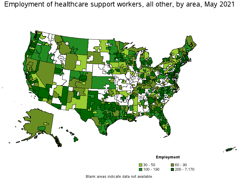 Map of employment of healthcare support workers, all other by area, May 2021