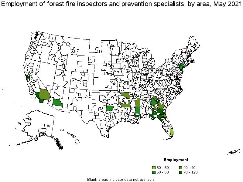 Map of employment of forest fire inspectors and prevention specialists by area, May 2021