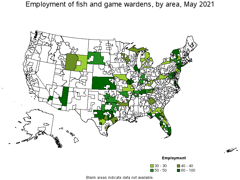 Map of employment of fish and game wardens by area, May 2021