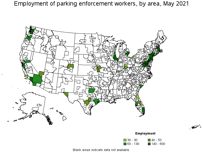 Map of employment of parking enforcement workers by area, May 2021