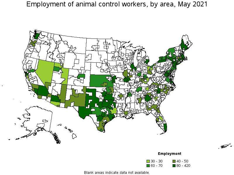 Map of employment of animal control workers by area, May 2021